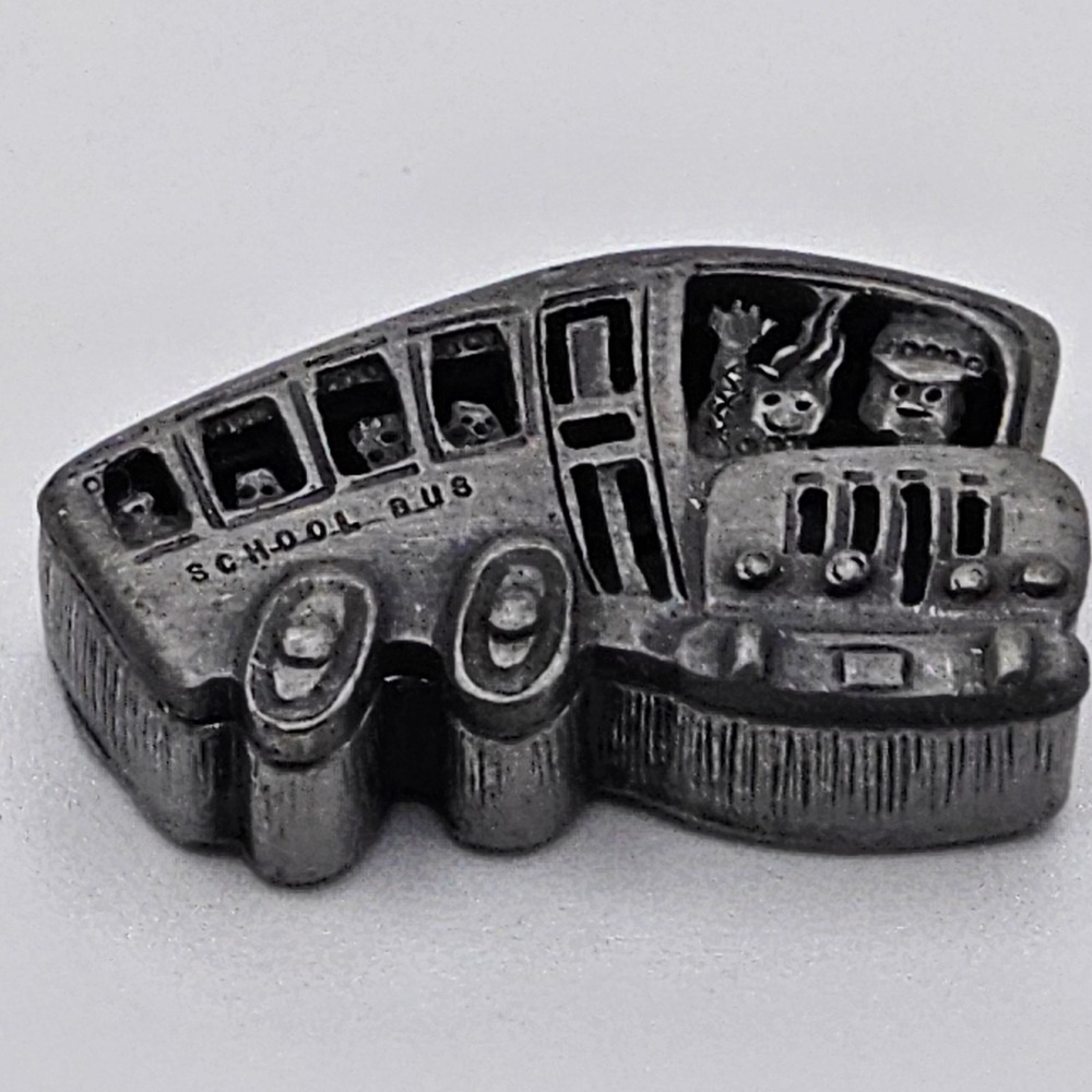 Vintage Pewter School Bus ABC Brooch Pin Trinket Box